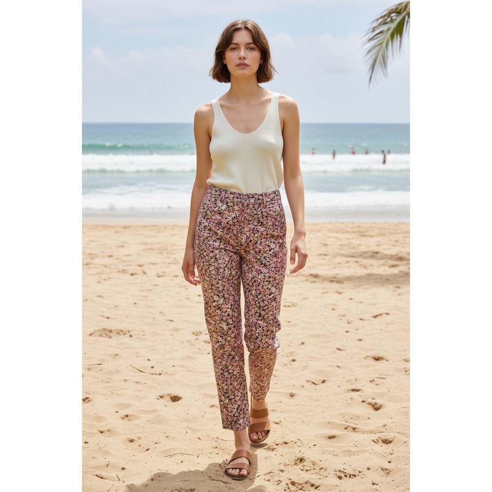 Floral Daisy Print High Rise Slim Cropped Pants Pink Yellow Black Trousers